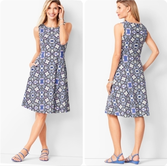 Talbots Edie Knit Fit & Flare Dress Medallion Print Skater Stretch Sleeveless S - Picture 1 of 7